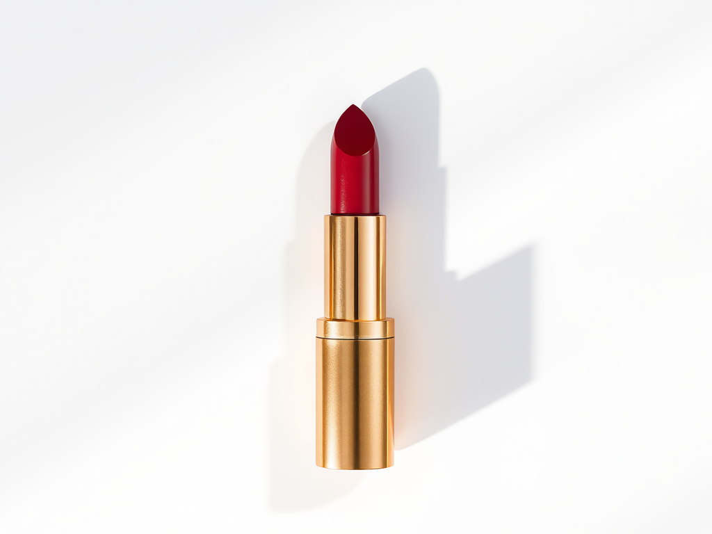 Ein geöffneter Lippenstift mit einem leuchtend roten Farbstift, der aus einer goldenen Hülse ragt, steht aufrecht auf weißem Untergrund und wirft einen deutlichen Schatten.